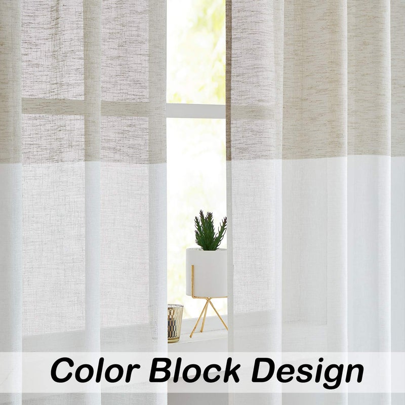 Central Park Tan and White Stripe Sheer Color Block Window Curtain Panel Pairs Linen Drape Treatment for Bedroom Living Room Farmhouse 84 inches Long with Rod Pocket,2 Panel Rustic Living Panels - Image 3